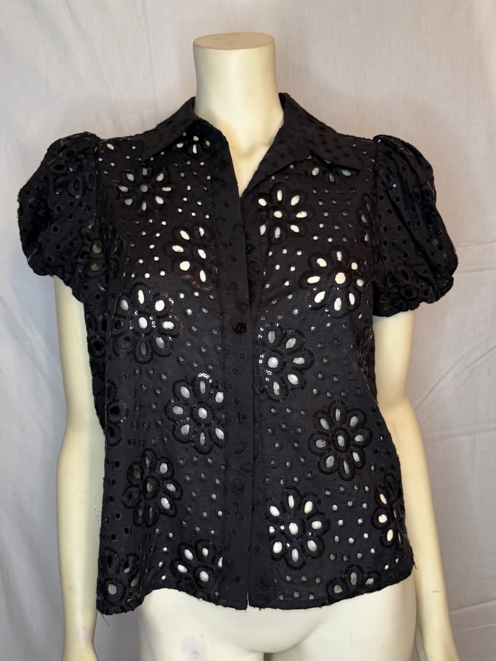 Desigual Black Eyelet Button-Down Puff Sleeve Shirt